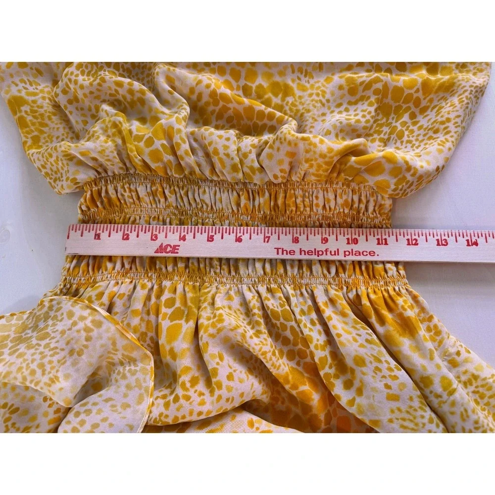 Ramy Brook M Silk Yellow Animal Print Ruffle Simone Mini Dress Pleated Smocked
